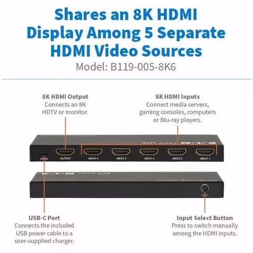 5-PORT HDMI SWITCH W REMOTE 8K60HZ UHD 4:4:4 HDR10+ HDCP 2.3