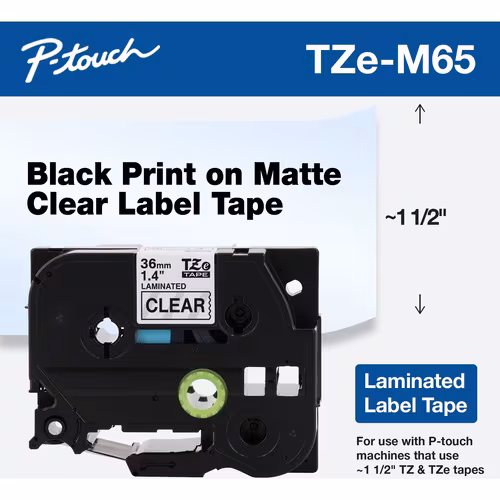 TZEM65 WHITE ON MATTE CLEAR LABEL TAPE-1.4 WIDE