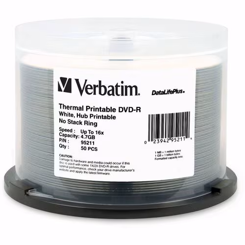 50PK DVD-R 16X 4.7GB WHITE THERMAL HUB PRINTABLE SPINDLE