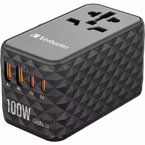 VERBATIM 100W TRAVEL ADAPTER GAN UNIVERSAL ADAPTER USB-C USB-A