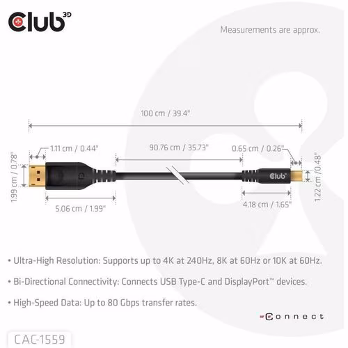 DP80 USB TYPE C TO DP CABLE M-M DP80 USB TYPE C TO DP CABLE 1M/328F